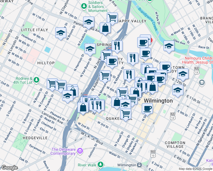 map of restaurants, bars, coffee shops, grocery stores, and more near 809 North Monroe Street in Wilmington