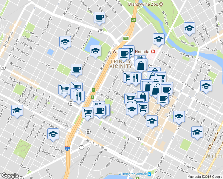 map of restaurants, bars, coffee shops, grocery stores, and more near 809 North Monroe Street in Wilmington