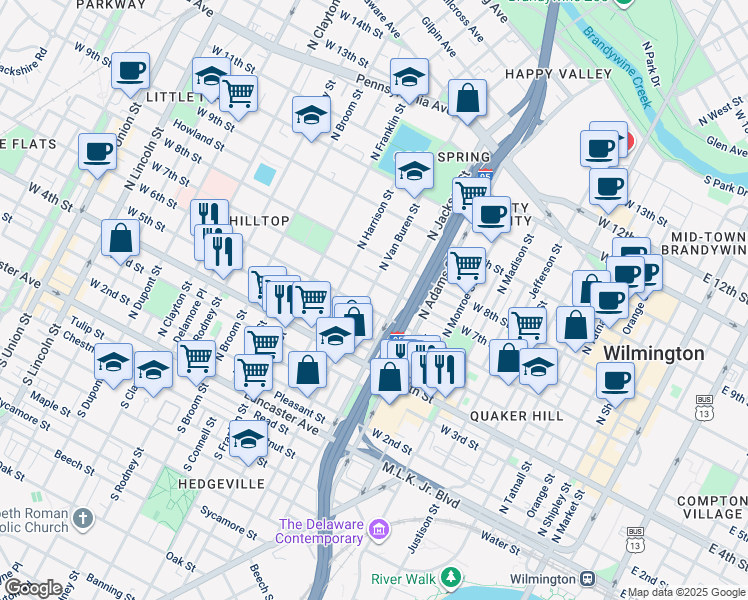 map of restaurants, bars, coffee shops, grocery stores, and more near 1102 West 7th Street in Wilmington