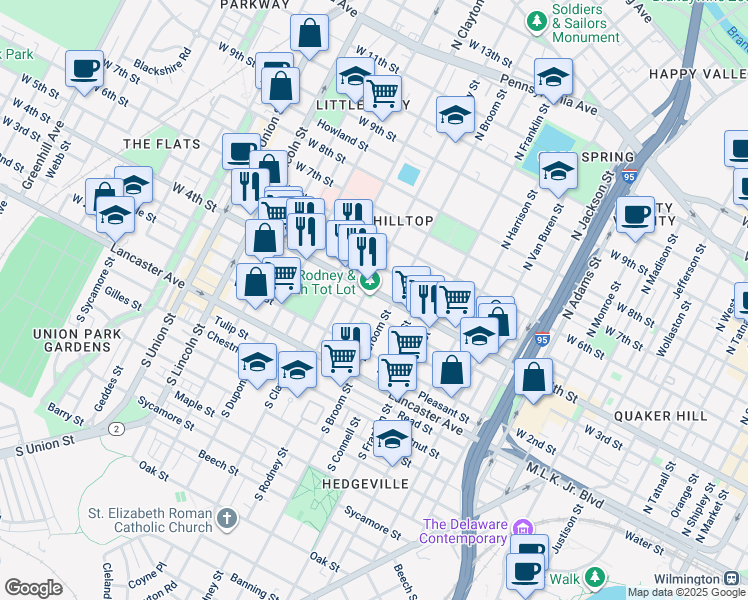 map of restaurants, bars, coffee shops, grocery stores, and more near 401 North Rodney Street in Wilmington