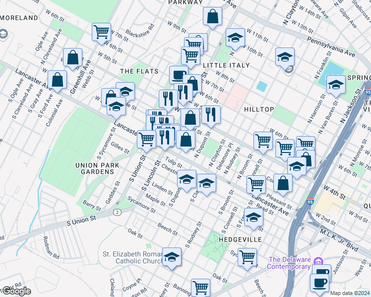 map of restaurants, bars, coffee shops, grocery stores, and more near 1724 Conrad Street in Wilmington