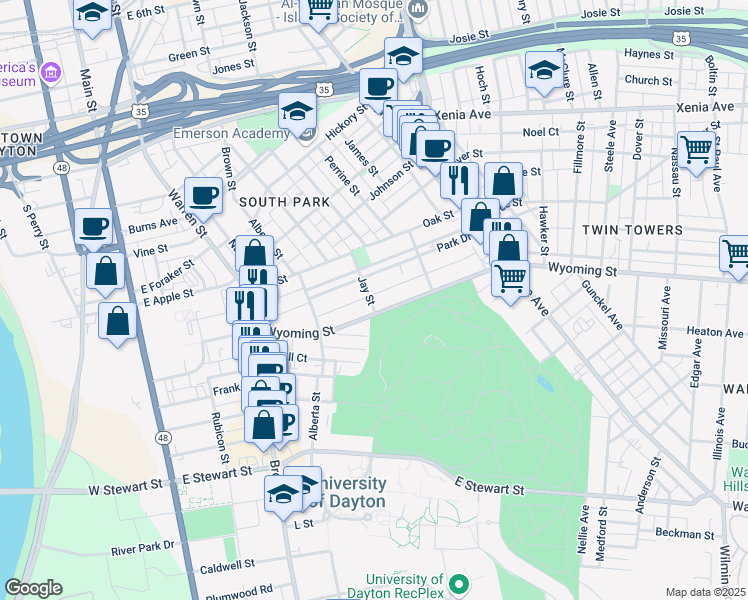 map of restaurants, bars, coffee shops, grocery stores, and more near 168 Park Drive in Dayton