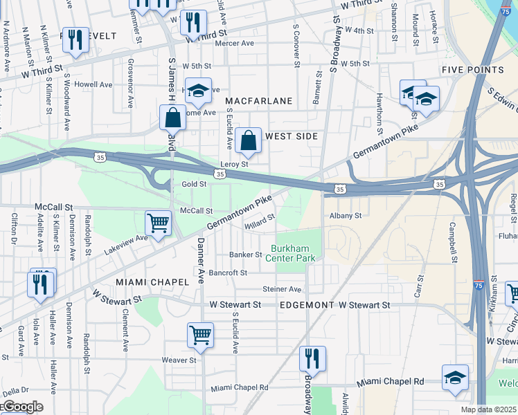 map of restaurants, bars, coffee shops, grocery stores, and more near 1537 Germantown Street in Dayton