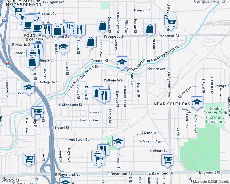 map of restaurants, bars, coffee shops, grocery stores, and more near 1524 Dawson Street in Indianapolis