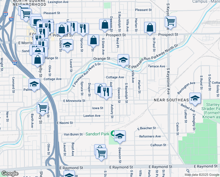 map of restaurants, bars, coffee shops, grocery stores, and more near 1522 Asbury Street in Indianapolis