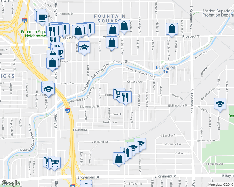 map of restaurants, bars, coffee shops, grocery stores, and more near 1621 Cottage Avenue in Indianapolis
