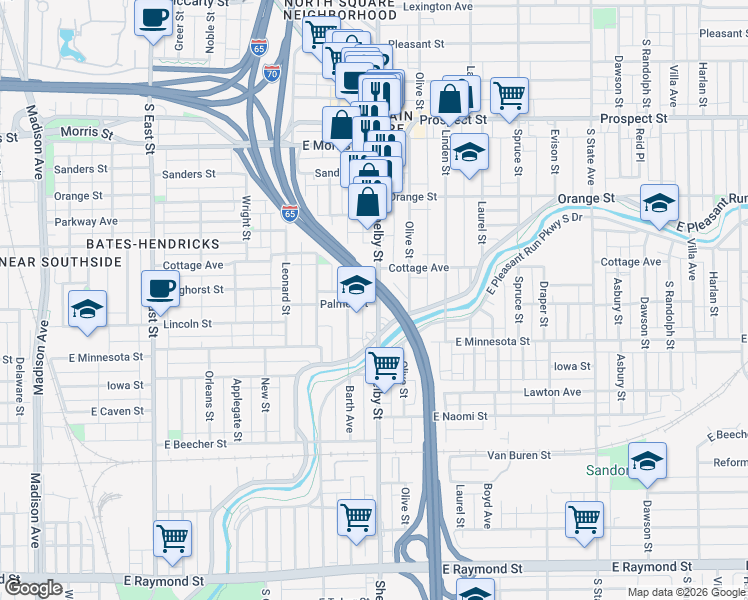 map of restaurants, bars, coffee shops, grocery stores, and more near 1537 Barth Avenue in Indianapolis