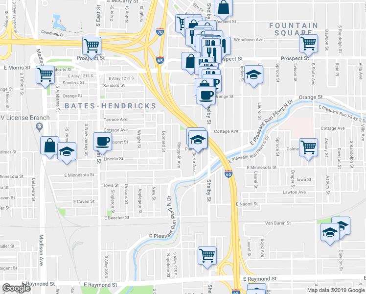 map of restaurants, bars, coffee shops, grocery stores, and more near 1535 Ringgold Avenue in Indianapolis