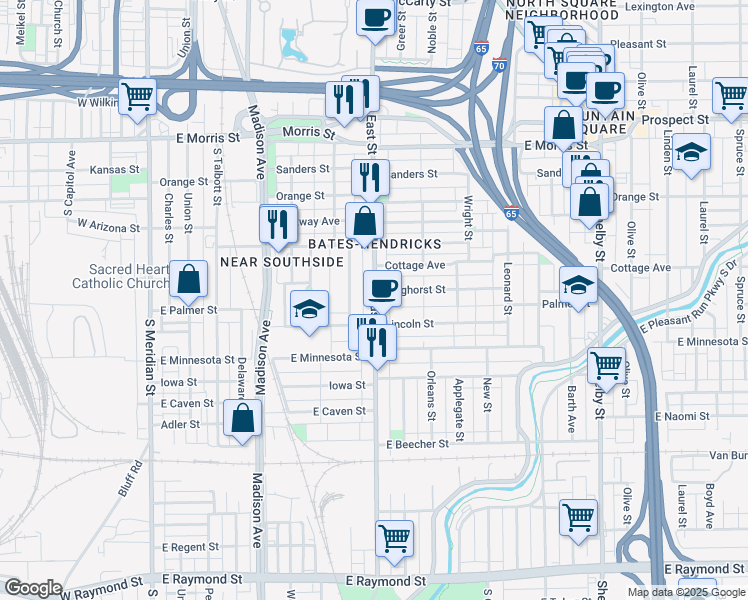 map of restaurants, bars, coffee shops, grocery stores, and more near 1456 South East Street in Indianapolis