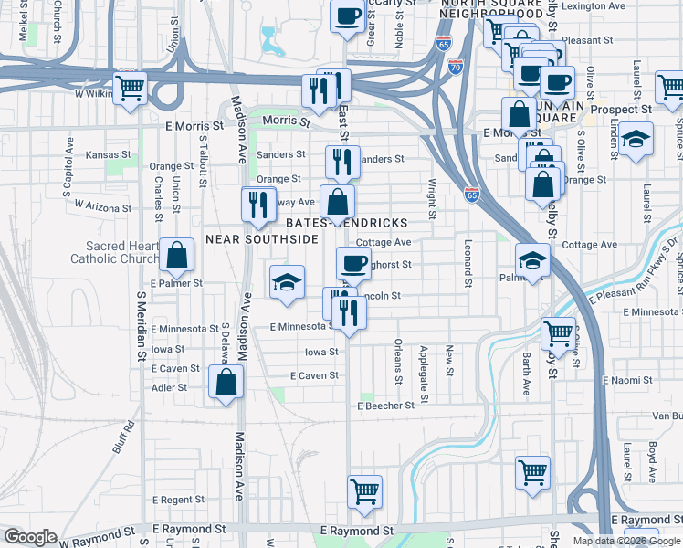 map of restaurants, bars, coffee shops, grocery stores, and more near 1456 South East Street in Indianapolis