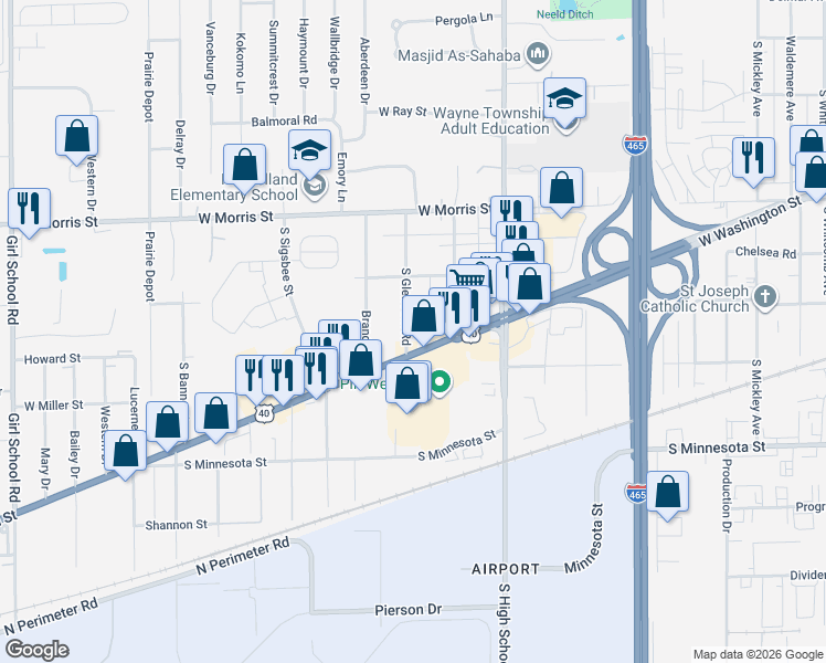 map of restaurants, bars, coffee shops, grocery stores, and more near 1332 South Glen Arm Road in Indianapolis