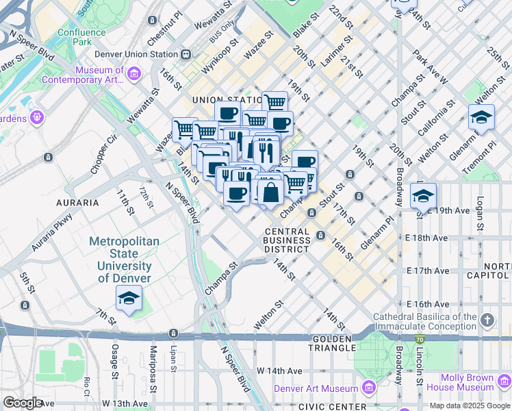 map of restaurants, bars, coffee shops, grocery stores, and more near 1010 15th Street in Denver