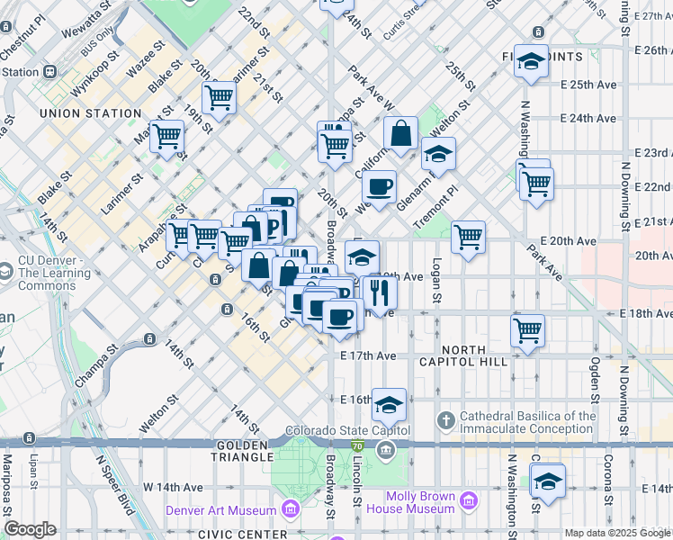 map of restaurants, bars, coffee shops, grocery stores, and more near 1900 Broadway Street in Denver