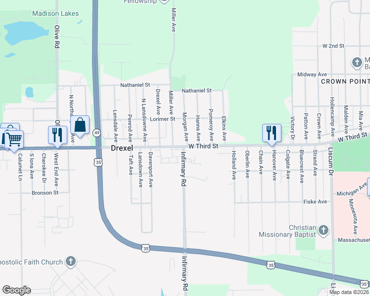 map of restaurants, bars, coffee shops, grocery stores, and more near 5487 West Third Street in Dayton