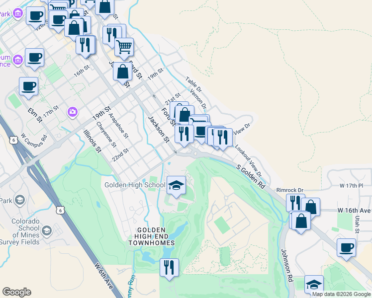 map of restaurants, bars, coffee shops, grocery stores, and more near 510 24th Street in Golden