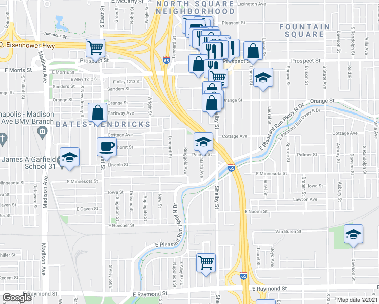 map of restaurants, bars, coffee shops, grocery stores, and more near 1006 Palmer Street in Indianapolis