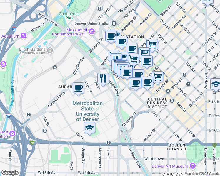 map of restaurants, bars, coffee shops, grocery stores, and more near 1201 Larimer Street in Denver