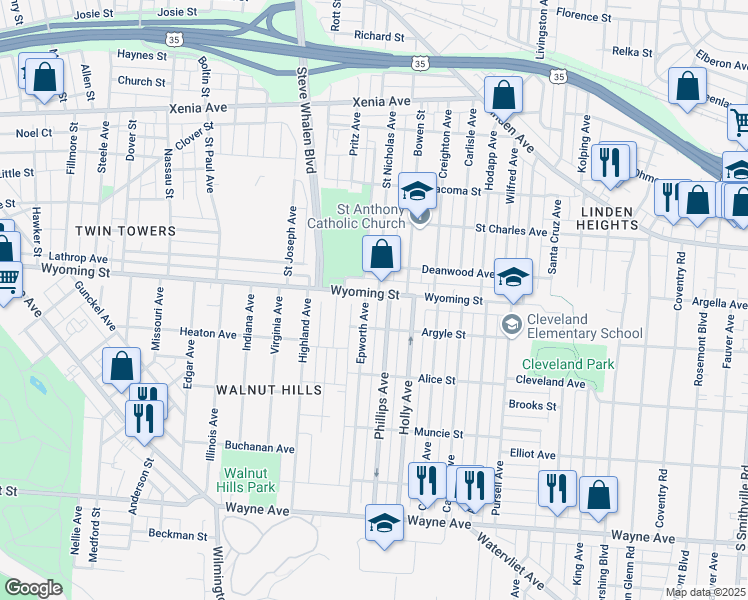 map of restaurants, bars, coffee shops, grocery stores, and more near 1808 Wyoming Street in Dayton