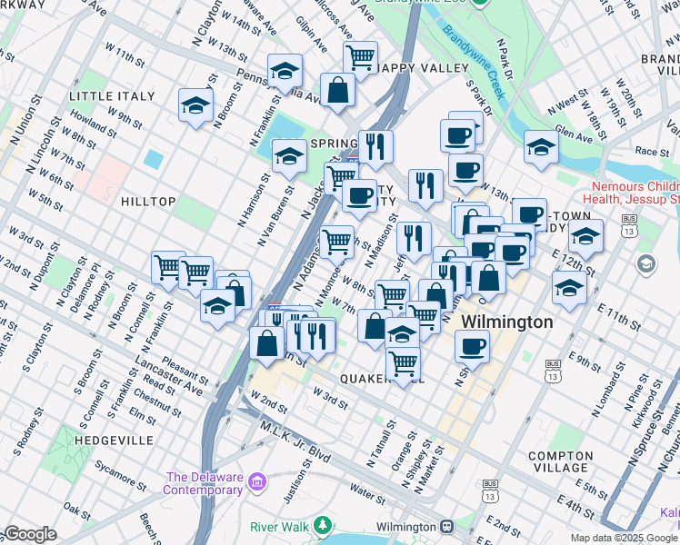 map of restaurants, bars, coffee shops, grocery stores, and more near 715 West 8th Street in Wilmington
