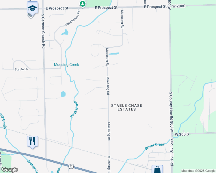 map of restaurants, bars, coffee shops, grocery stores, and more near 1851 Muessing Road in Indianapolis