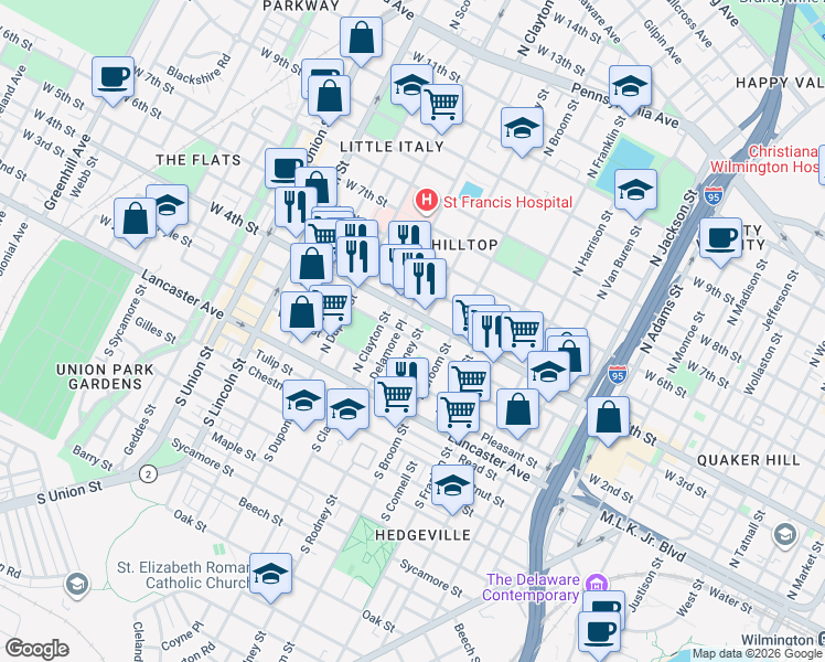 map of restaurants, bars, coffee shops, grocery stores, and more near 401 North Rodney Street in Wilmington