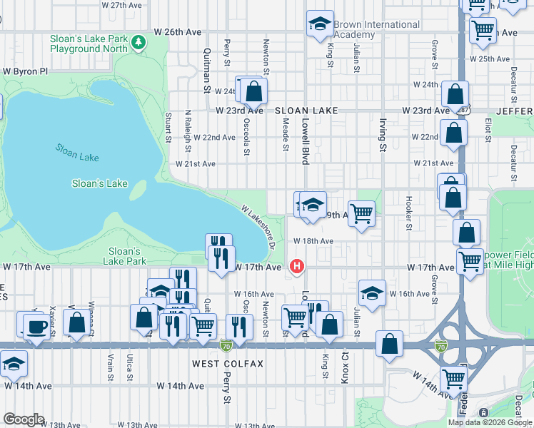 map of restaurants, bars, coffee shops, grocery stores, and more near 1903 Newton Street in Denver