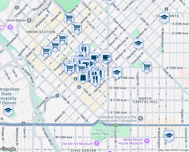 map of restaurants, bars, coffee shops, grocery stores, and more near 621 17th Street in Denver