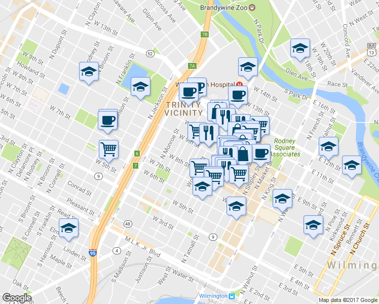 map of restaurants, bars, coffee shops, grocery stores, and more near 831 Windsor Street in Wilmington