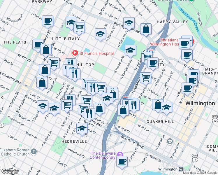 map of restaurants, bars, coffee shops, grocery stores, and more near 1207 West 6th Street in Wilmington
