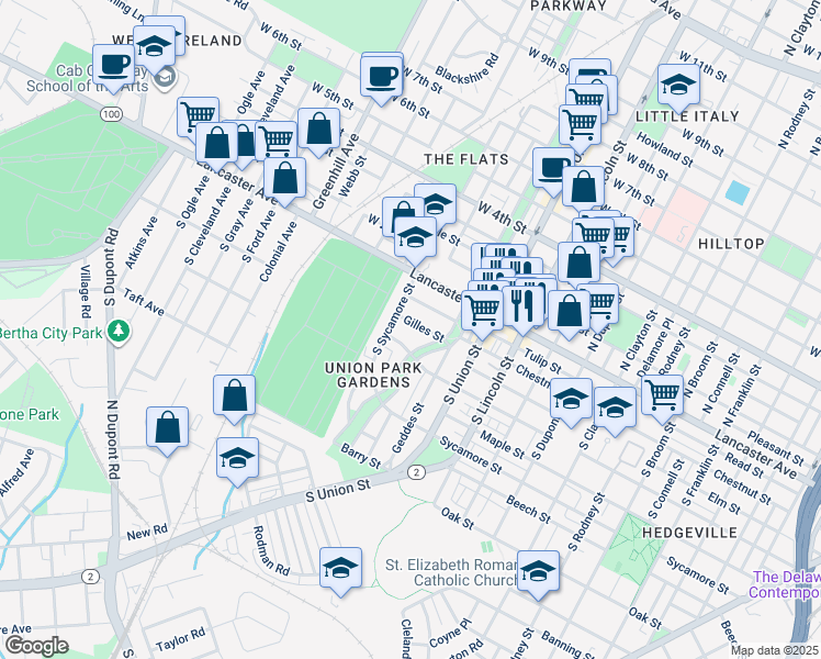 map of restaurants, bars, coffee shops, grocery stores, and more near 2124 Gilles Street in Wilmington