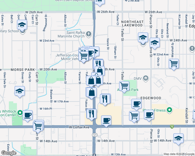 map of restaurants, bars, coffee shops, grocery stores, and more near in Lakewood