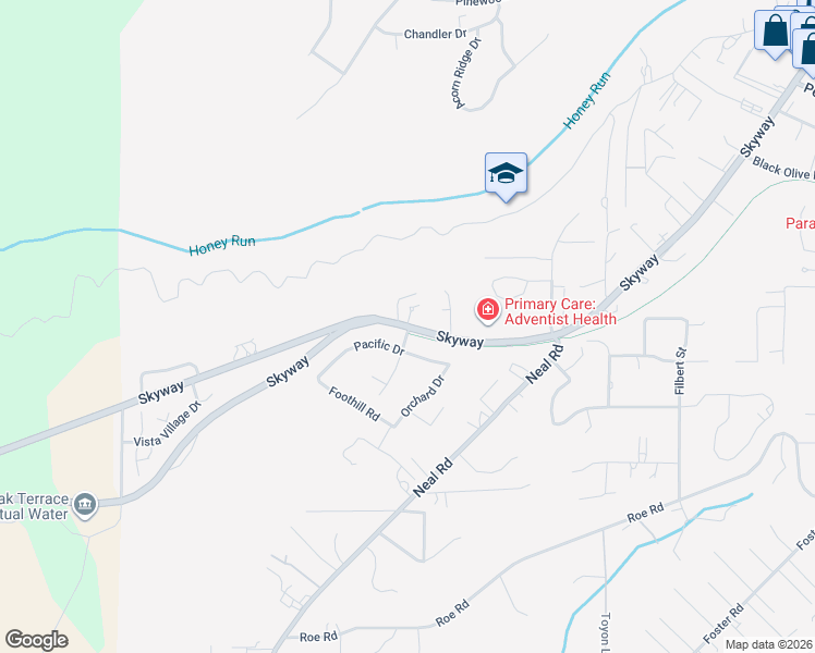 map of restaurants, bars, coffee shops, grocery stores, and more near 4909 Skyway Road in Paradise