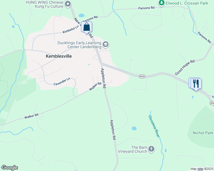 map of restaurants, bars, coffee shops, grocery stores, and more near in Kemblesville