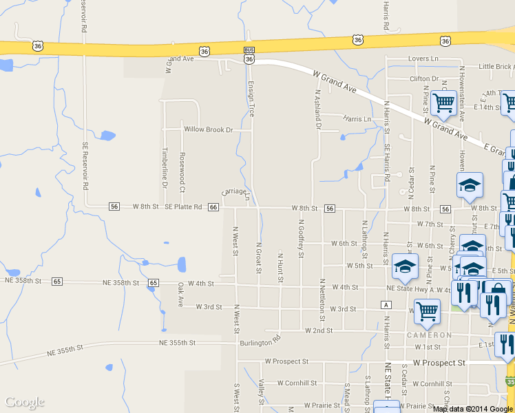 map of restaurants, bars, coffee shops, grocery stores, and more near Carriage Lane in Cameron