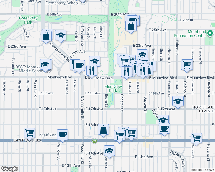 map of restaurants, bars, coffee shops, grocery stores, and more near 1979 Beeler Street in Aurora