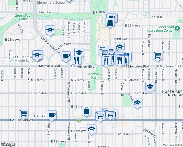 map of restaurants, bars, coffee shops, grocery stores, and more near 9282 East Montview Boulevard in Aurora