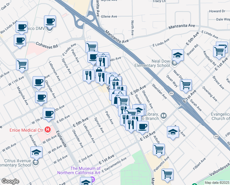 map of restaurants, bars, coffee shops, grocery stores, and more near 1600 Mangrove Avenue in Chico