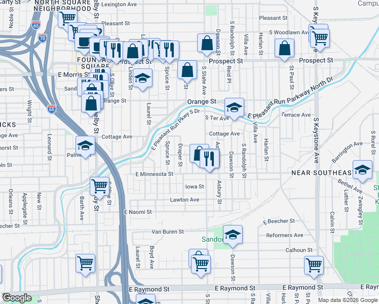 map of restaurants, bars, coffee shops, grocery stores, and more near 1621 Cottage Avenue in Indianapolis