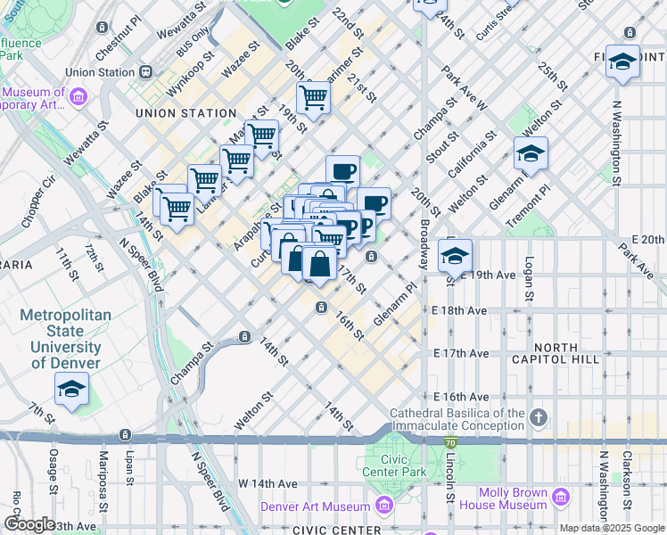 map of restaurants, bars, coffee shops, grocery stores, and more near 826 17th Street in Denver