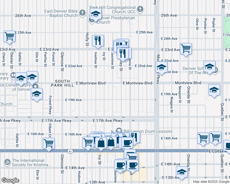 map of restaurants, bars, coffee shops, grocery stores, and more near 1965 Jasmine Street in Denver