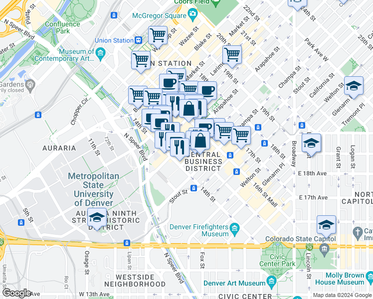 map of restaurants, bars, coffee shops, grocery stores, and more near in Denver