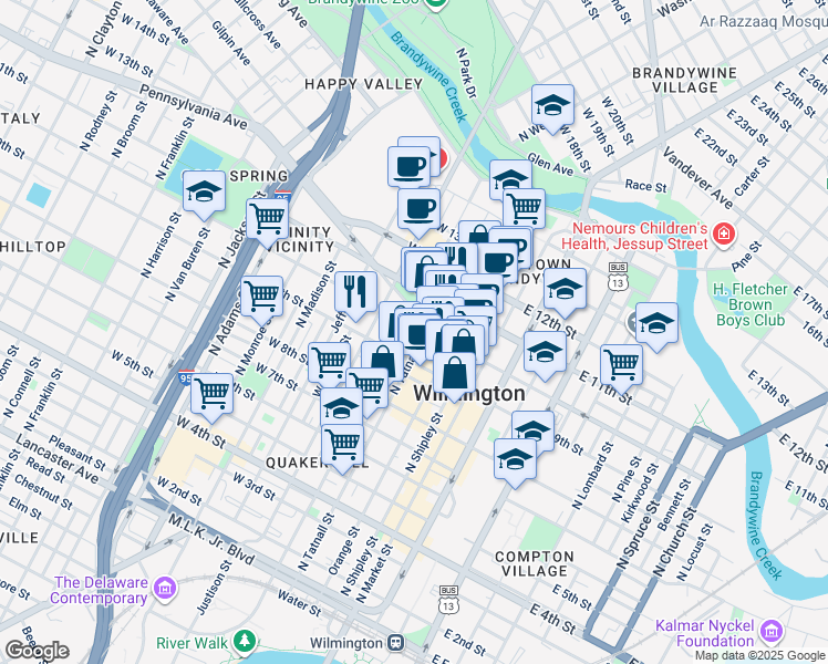 map of restaurants, bars, coffee shops, grocery stores, and more near in Wilmington