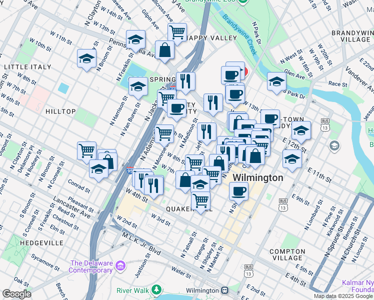 map of restaurants, bars, coffee shops, grocery stores, and more near 831 Windsor Street in Wilmington