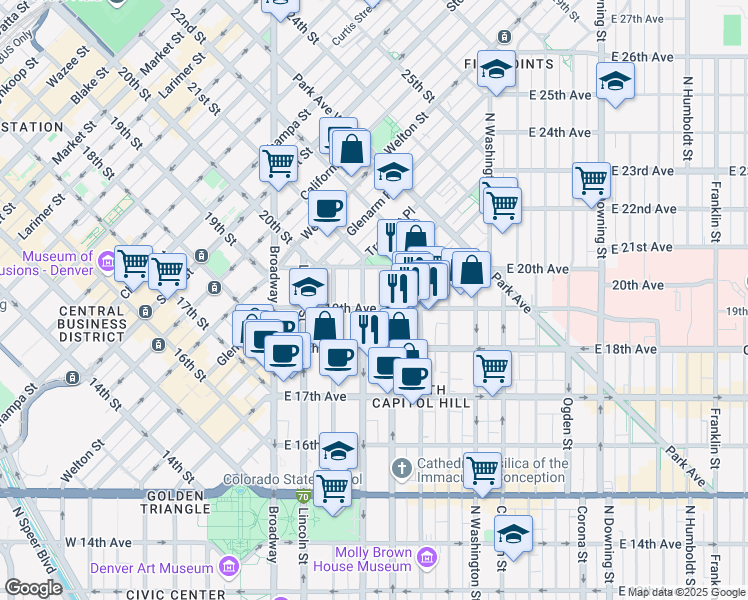 map of restaurants, bars, coffee shops, grocery stores, and more near 1934 Grant Street in Denver