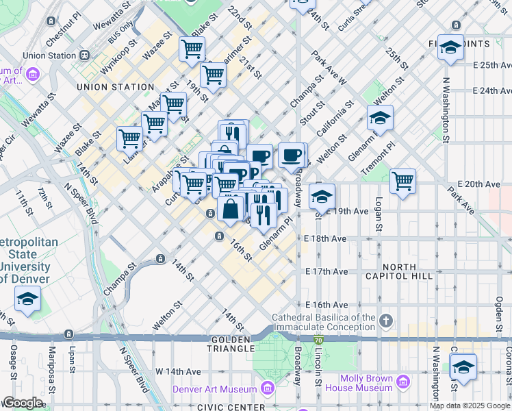 map of restaurants, bars, coffee shops, grocery stores, and more near 1822 California Street in Denver