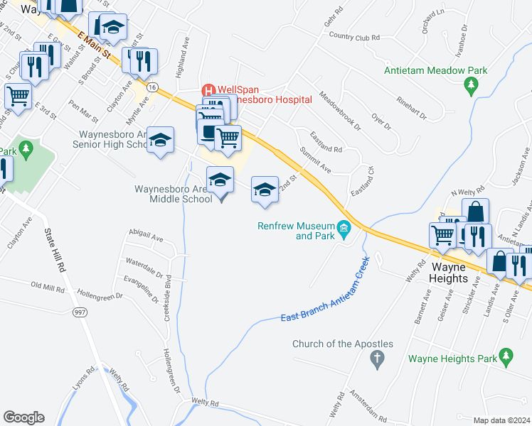 map of restaurants, bars, coffee shops, grocery stores, and more near 840 East 2nd Street in Waynesboro