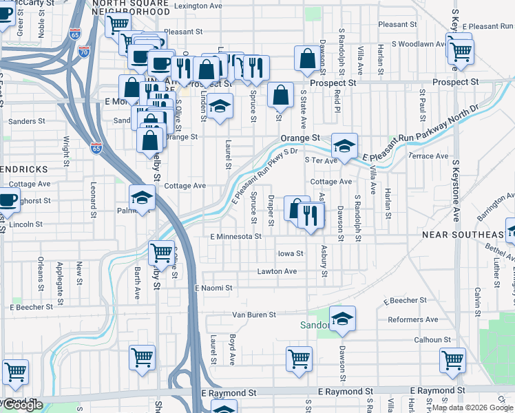 map of restaurants, bars, coffee shops, grocery stores, and more near 1537 Spruce Street in Indianapolis