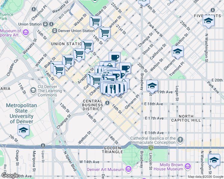 map of restaurants, bars, coffee shops, grocery stores, and more near 730 17th Street in Denver