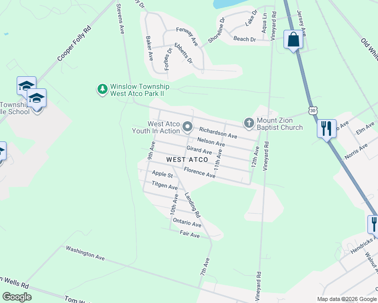 map of restaurants, bars, coffee shops, grocery stores, and more near 205 Nelson Avenue in Atco