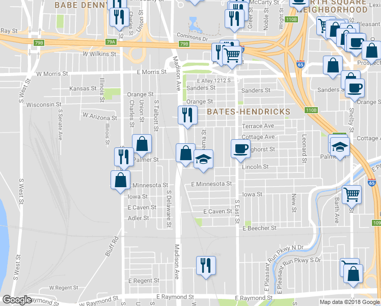 map of restaurants, bars, coffee shops, grocery stores, and more near 1516 Kennington Street in Indianapolis